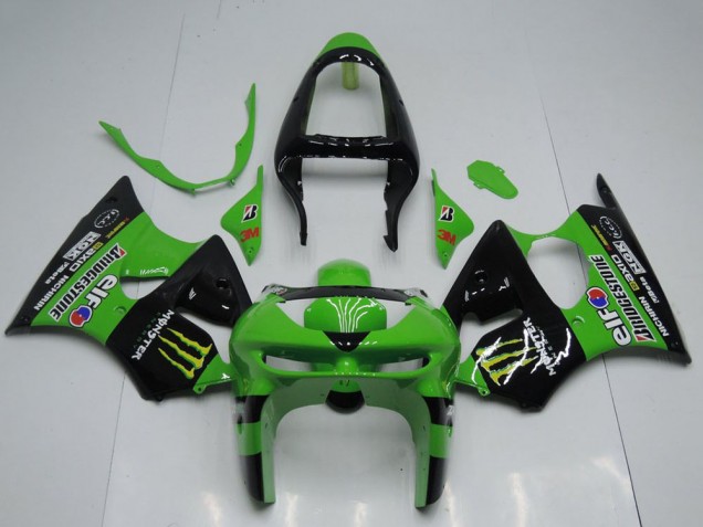 1998-1999 Kawasaki ZX6R Motorcycle Fairings - Green Glossy Black Yellow Elf Bridgestone Monster Canada for Sale