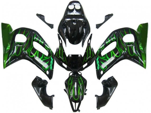 1998-2002 Yamaha YZF 600 R6 Motorcycle Fairings - Glossy Black Green Flame Canada for Sale