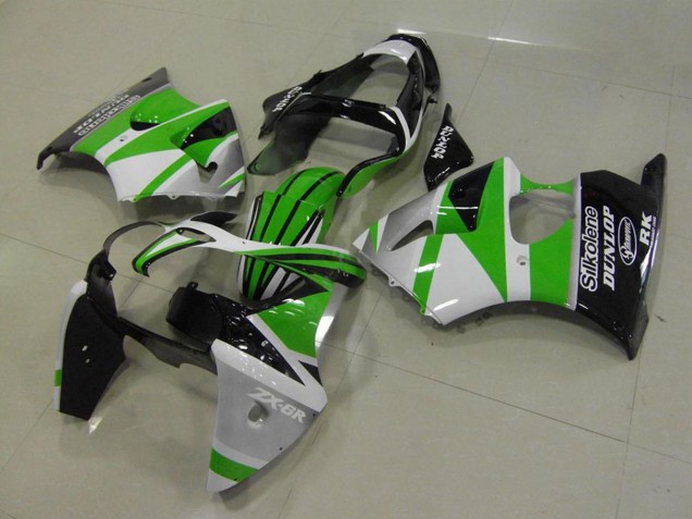 2000-2002 Kawasaki ZX6R Motorcycle Fairings - White Green Glossy Black Stripe Silkolene Dunlop Canada for Sale