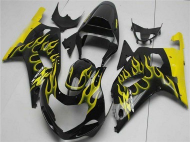 2001-2003 Suzuki GSXR 600/750 Motorcycle Fairings - Glossy Black Yellow Flame Canada for Sale