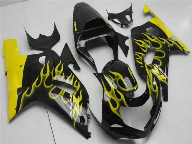 2001-2003 Suzuki GSXR 600/750 Motorcycle Fairings - Glossy Black Yellow Flame Canada for Sale