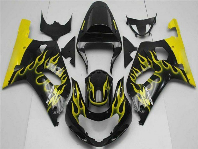 2001-2003 Suzuki GSXR 600/750 Motorcycle Fairings - Glossy Black Yellow Flame Canada for Sale