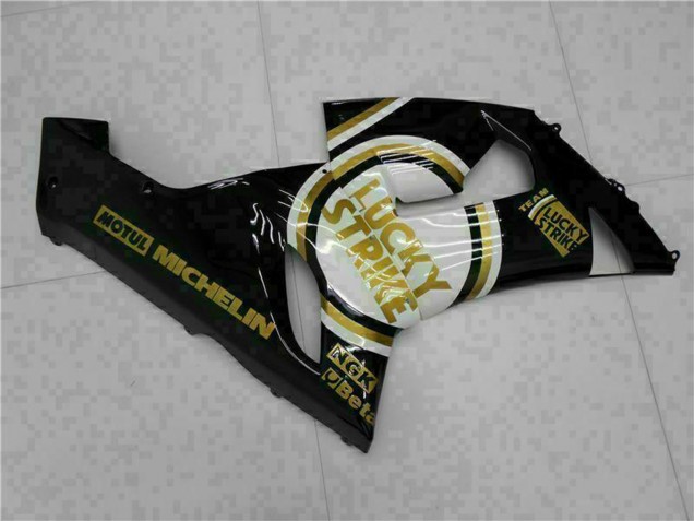 2005-2006 Kawasaki ZX6R Motorcycle Fairings - Glossy Black White Gold Lucky Strike Canada for Sale