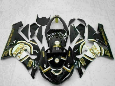 2005-2006 Kawasaki ZX6R Motorcycle Fairings - Glossy Black White Gold Lucky Strike Canada for Sale