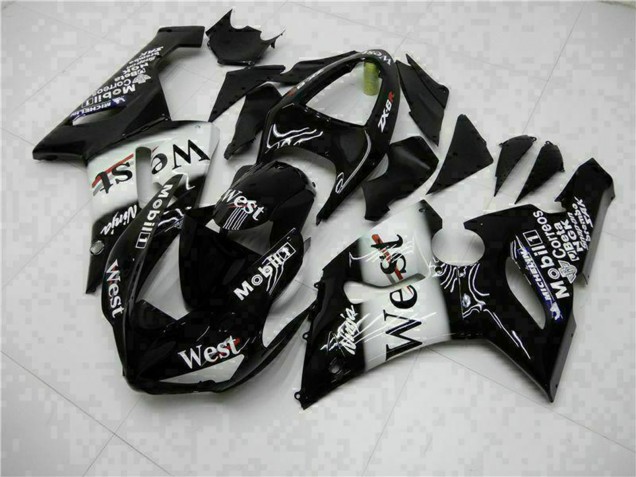 2005-2006 Kawasaki ZX6R Motorcycle Fairings - Glossy Black White West Canada for Sale