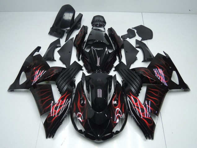 2006-2011 Kawasaki ZX14R ZZR1400 Motorcycle Fairings - Glossy Black Red Flame Canada for Sale