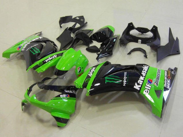 2008-2012 Kawasaki ZX250R Motorcycle Fairings - Green Glossy Black Elf Monster Bridgestone Canada for Sale