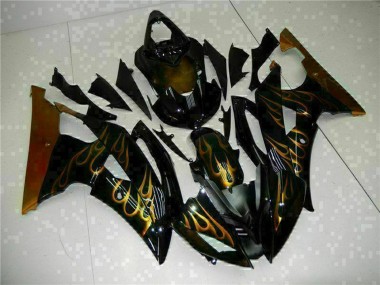 2008-2016 Yamaha YZF R6 Motorcycle Fairings - Glossy Black Gold Flame Canada for Sale