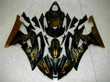 2008-2016 Yamaha YZF R6 Motorcycle Fairings - Glossy Black Gold Flame Canada for Sale