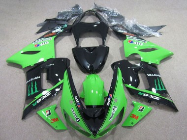 2005-2006 Kawasaki ZX6R Motorcycle Fairings - Glossy Black Green Elf Touch4 Bridgestone Monster Canada for Sale
