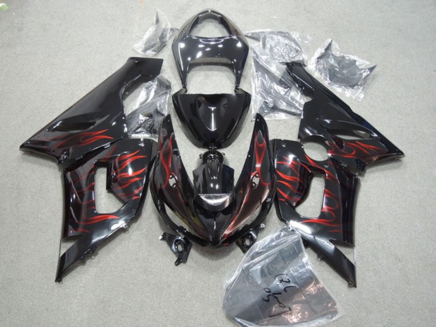2005-2006 Kawasaki ZX6R Motorcycle Fairings - Glossy Black Red Flame Canada for Sale