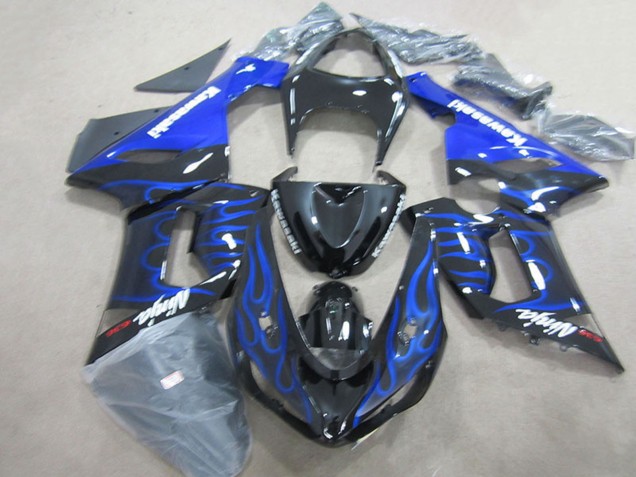 2005-2006 Kawasaki ZX6R Motorcycle Fairings - Glossy Black Blue Flame Canada for Sale