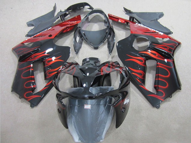 2007-2008 Kawasaki ZX6R Motorcycle Fairing - Black Red Flame Canada for Sale