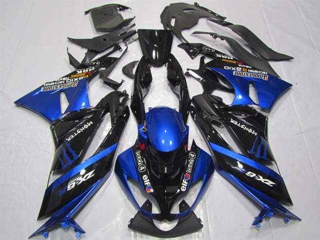 2009-2012 Kawasaki ZX6R Motorcycle Fairings - Blue Glossy Black Elf Touch4 Monster Bridgestone Canada for Sale