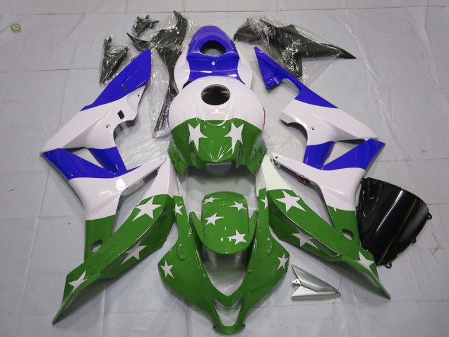 2007-2008 Honda CBR600RR Motorcycle Fairings - White Blue Green Stars Stripe Canada for Sale