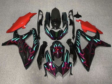 2008-2010 Suzuki GSXR 600 / GSXR 750 Motorcycle Fairings - Glossy Black Red Cyan Flame Canada for Sale