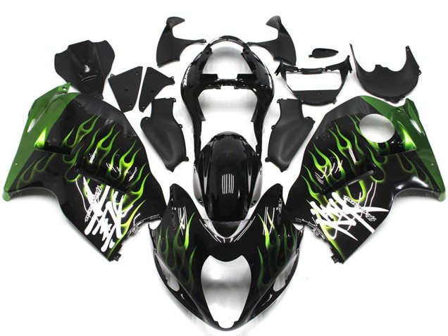 1996-2007 Suzuki GSXR 1300 Motorcycle Fairings - Glossy Black with Deep Green Flame Canada for Sale