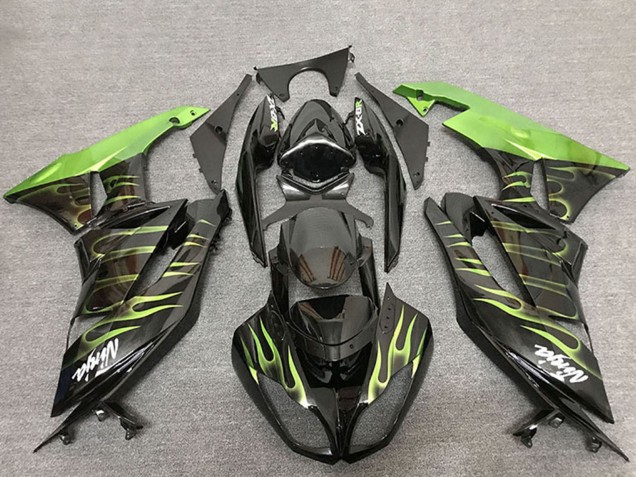2009-2012 Kawasaki ZX6R Motorcycle Fairings - Glossy Black Green Flame Canada for Sale