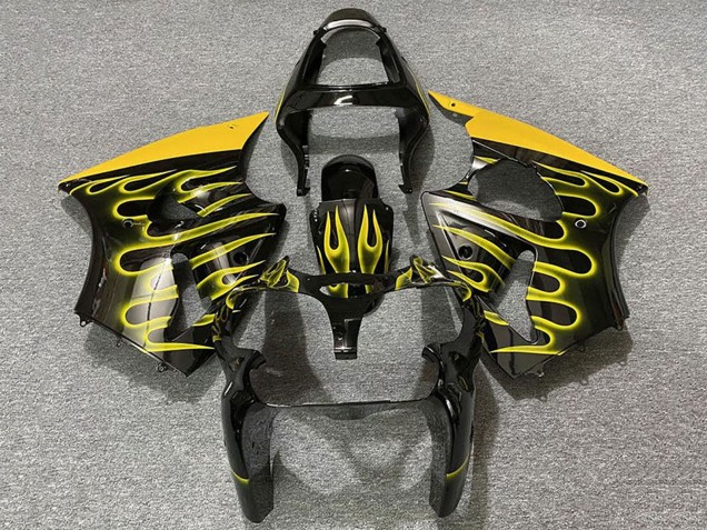 2000-2002 Kawasaki ZX6R Motorcycle Fairings - Glossy Black Yellow Flame Canada for Sale
