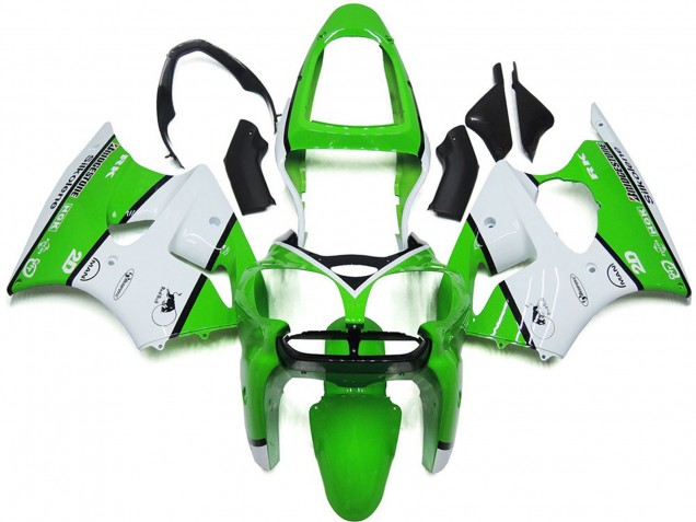 2000-2002 Kawasaki ZX6R Motorcycle Fairings - White Green Black Bridgestone Silkolene Canada for Sale