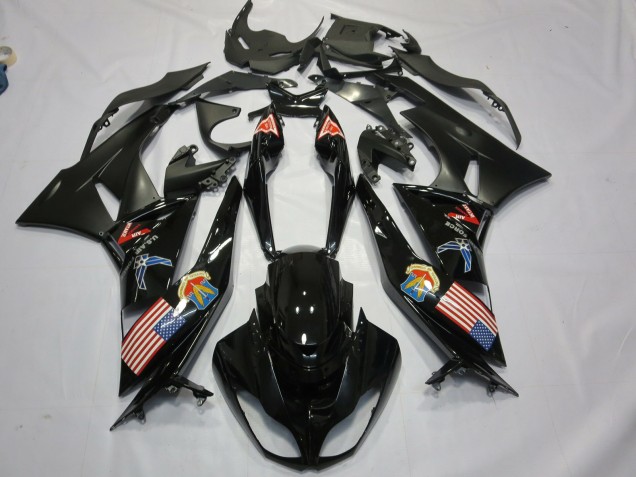 2009-2012 Kawasaki ZX6R Motorcycle Fairings - Glossy Black Matte Black American Flag Canada for Sale