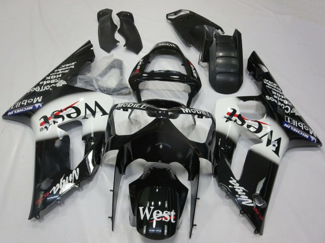 2003-2004 Kawasaki ZX6R Motorcycle Fairings - Glossy Black White West Canada for Sale