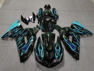 2006-2011 Kawasaki ZX14R Motorcycle Fairings - Glossy Black Light Blue Flame Canada for Sale
