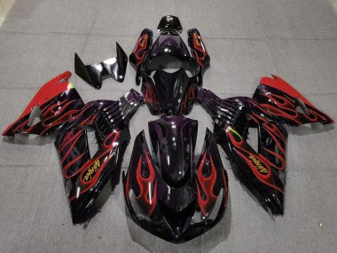 2006-2011 Kawasaki ZX14R Motorcycle Fairings - Glossy Black Red Flame Gold Ninja Canada for Sale