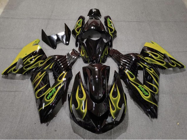 2006-2011 Kawasaki ZX14R Motorcycle Fairings - Glossy Black Yellow Flame Canada for Sale