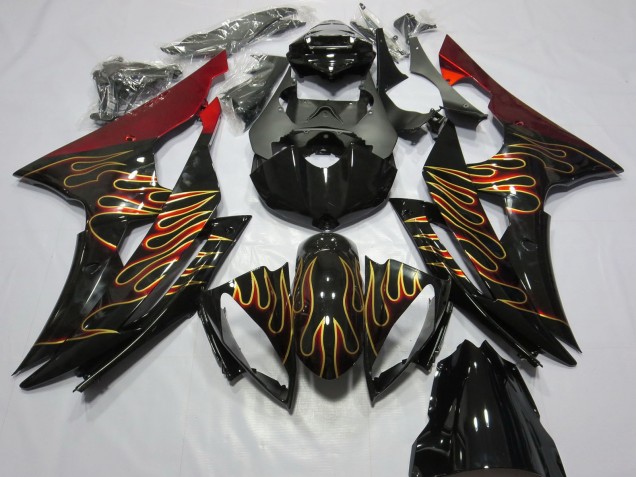 2008-2016 Yamaha R6 Motorcycle Fairings - Red Glossy Black Gold Flame Canada for Sale