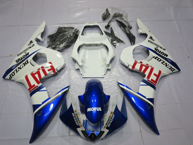 2003-2004 Yamaha R6 Motorcycle Fairings - White Blue Red Fiat Motul Dunlop Canada for Sale