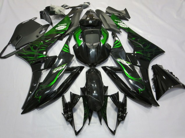 2006-2007 Yamaha R6 Motorcycle Fairings - Glossy Black Green Flame Canada for Sale
