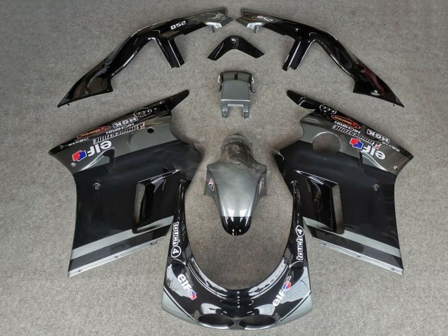 1989-1990 Kawasaki ZXR250 Motorcycle Fairings - Glossy Black Grey Elf Touch4 Bridgestone Canada for Sale