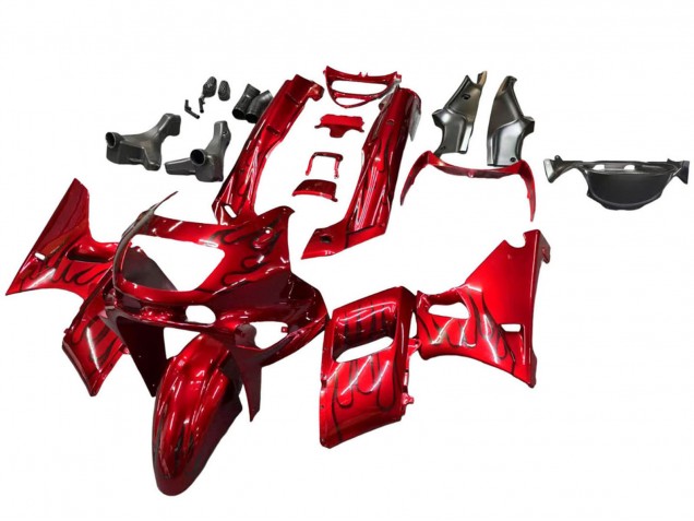 1998-2003 Kawasaki ZZR600 Motorcycle Fairings - Red with Black Flame Canada for Sale