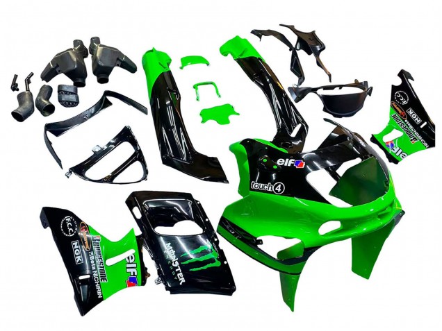 1993-2007 Kawasaki ZZR400 Motorcycle Fairings - Green Glossy Black Green Monster Elf Touch4 Bridgestone Canada for Sale