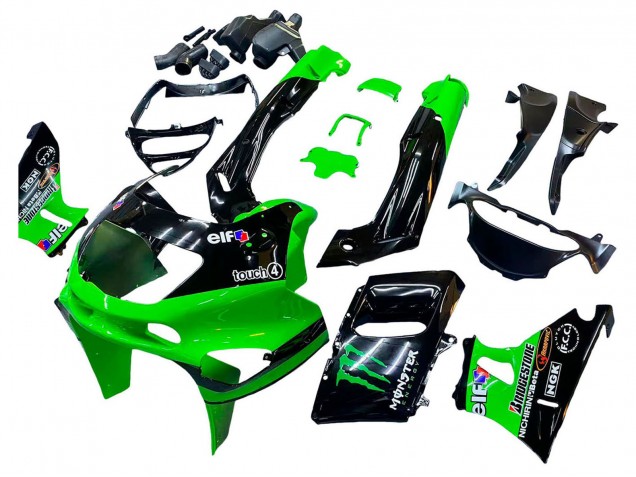 1993-2007 Kawasaki ZZR400 Motorcycle Fairings - Green Glossy Black Green Monster Elf Touch4 Bridgestone Canada for Sale