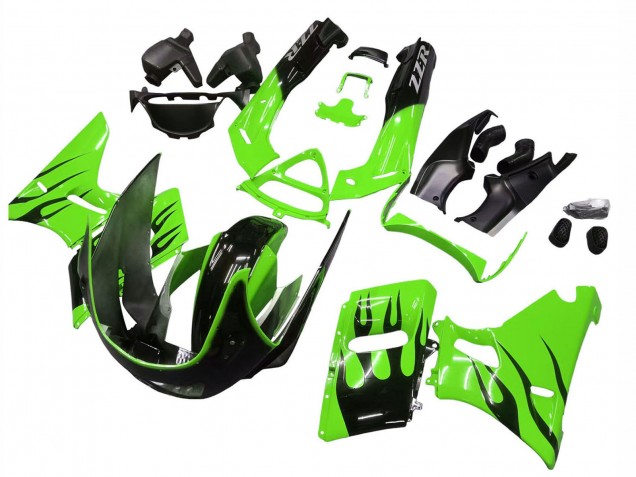 1993-2007 Kawasaki ZZR400 Motorcycle Fairings - Green Glossy Black Flame Canada for Sale