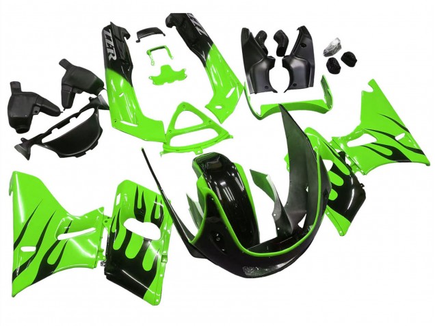 1993-2007 Kawasaki ZZR400 Motorcycle Fairings - Green Glossy Black Flame Canada for Sale