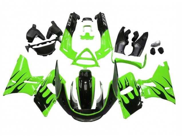 1998-2003 Kawasaki ZZR600 Motorcycle Fairings - Green Glossy Black Flame Canada for Sale
