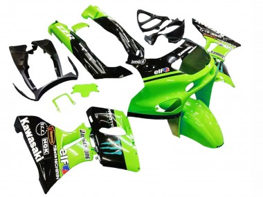 1998-2003 Kawasaki ZZR600 Motorcycle Fairings - Green Glossy Black Blue Monster Elf Touch4 Bridgestone Canada for Sale