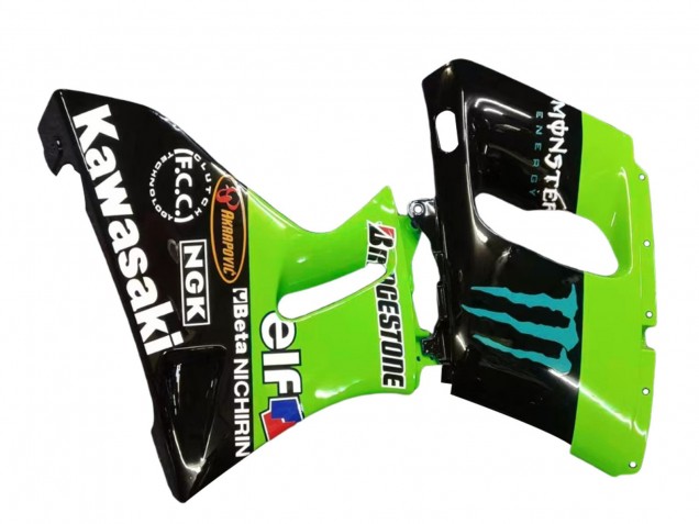 1998-2003 Kawasaki ZZR600 Motorcycle Fairings - Green Glossy Black Blue Monster Elf Touch4 Bridgestone Canada for Sale