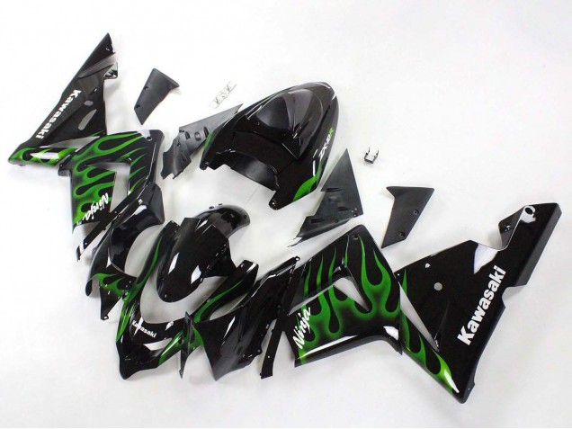 2004-2005 Kawasaki ZX10R Motorcycle Fairings - Black with Green Flame Ninja Canada for Sale
