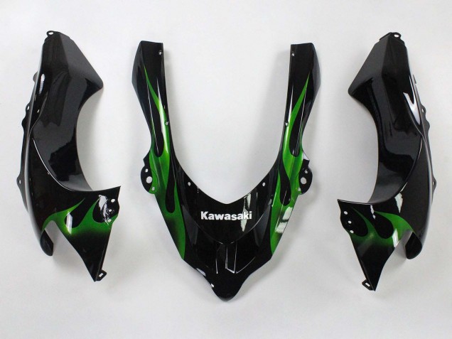 2004-2005 Kawasaki ZX10R Motorcycle Fairings - Black with Green Flame Ninja Canada for Sale