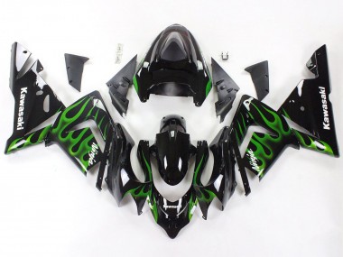 2004-2005 Kawasaki ZX10R Motorcycle Fairings - Black with Green Flame Ninja Canada for Sale
