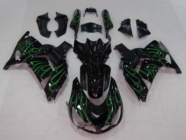 2006-2011 Kawasaki ZX14R ZZR1400 Motorcycle Fairing - Glossy Black Green Flame Canada for Sale