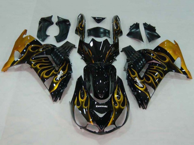 2006-2011 Kawasaki ZX14R ZZR1400 Motorcycle Fairings - Glossy Black Gold Flame Canada for Sale