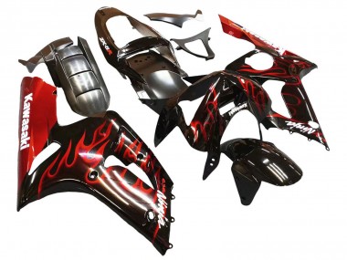 2003-2004 Kawasaki ZX6R Motorcycle Fairings - Glossy Black Red Flame Canada for Sale