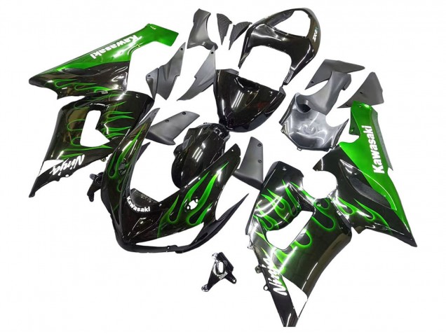 2005-2006 Kawasaki ZX6R Motorcycle Fairing - Glossy Black Green Flame Canada for Sale