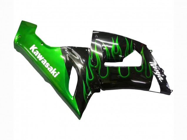 2005-2006 Kawasaki ZX6R Motorcycle Fairing - Glossy Black Green Flame Canada for Sale
