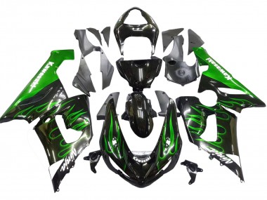 2005-2006 Kawasaki ZX6R Motorcycle Fairing - Glossy Black Green Flame Canada for Sale